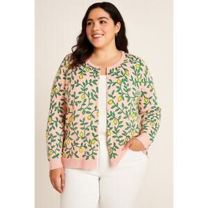 Lands' End SZ XL/18 Pink Cardigan Sweater With Lemons Art To Wear Cotton Plus